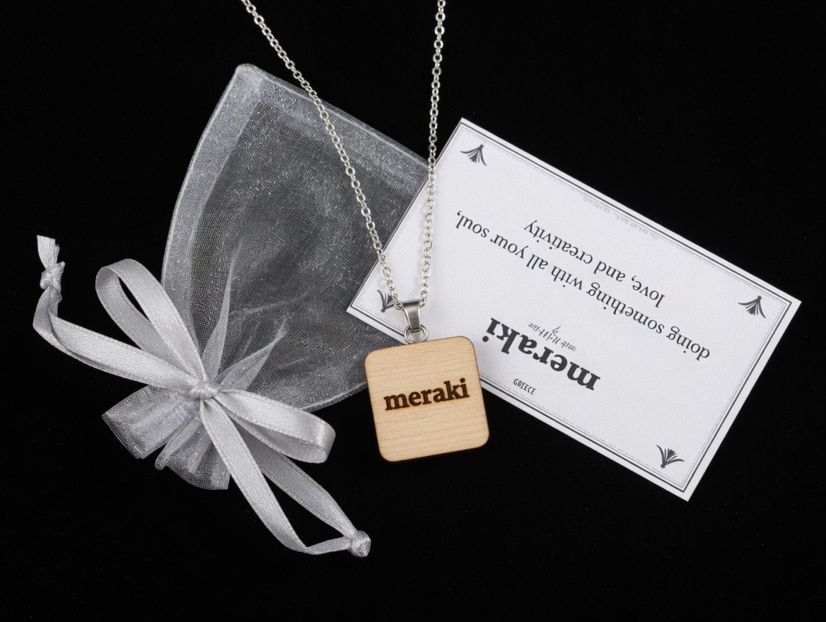 Untranslatable Words line — the meraki wooden pendant with its art-deco dictionary card and organza bag, on black velvet