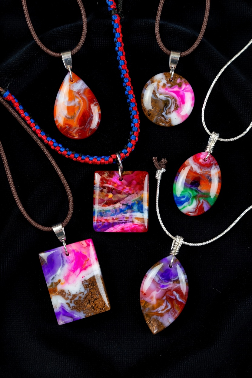 Fordite pendant collection on black velvet — real product samples from the Volta Feint line
