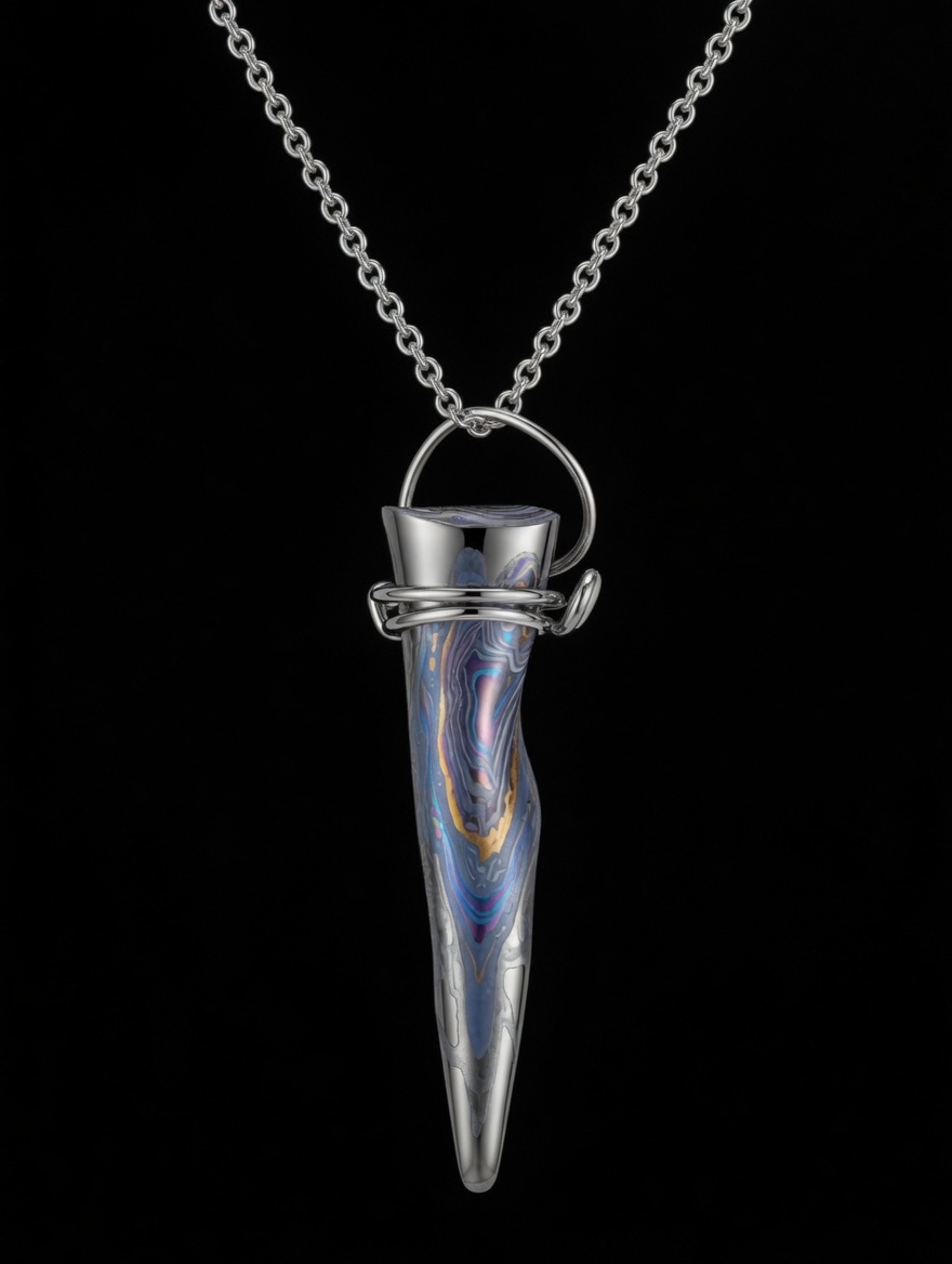 Fordite tooth-shaped pendant — lavender and blue, silver tipped